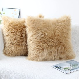 OYIMUA Beige 18 x 18 Inches Cushion Covers Pack of 2 Fluffy Soft Faux Fur Square Pillowcases, Luxury Home Decorative Super Soft Plush Pillow Covers Case 45cm x 45cm for Sofa Bed Living Room
