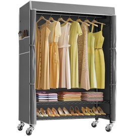 VIPEK R3C Plus Garment Rack Rolling Clothes Racks with Locking Wheels, Heavy Duty Clothing Rack Portable Closet with Adjustable Shelves & Side Hooks, Black Rack with Grey Upgraded Polyester Cover