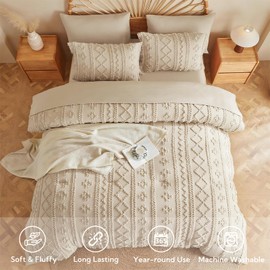 MR&HM Queen Comforter Set Beige, 7 Pieces Tufted Boho Beddding Sets, Farmhouse Style Bed in a Bag with 1 Comforter, 2 Pillow Shams, 2 Pillowcases, 1 Flat Sheet, 1 Fitted Sheet for All Seasons