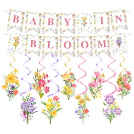 Floral Baby in Bloom Baby Shower Decorations - Wildflower Theme Birthday Banner Hanging Swirls, Flower Baby Shower Decoration for Girls Kids