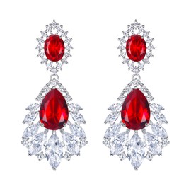 BriLove Women's Wedding Bridal Cubic Zirconia 1920s Peacock Feather Shaped Chandelier Dangle Earrings Ruby Color Silver Tone