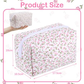 Huiguli Floral Makeup Bag, Quilted Large Capacity Travel Cosmetic Toiletry Bag, Cute Cotton Flower Travel Makeup Pouch for Women Girls, Cotton Coquette Make Up Bag, Pink