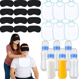 Leinuosen 24 Pcs Baby Shower Blind Feeding Game Set Include 6 Plastic Bottles 6 Bibs and 12 Eye Mask Blindfolded Baby Feeding Bottle Chug Game for Adult Gender Reveal Party Supplies(Blue)