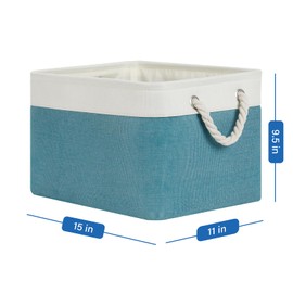 Temary Fabric Storage Baskets 4Pack Storage Bins Decorative Basket for Gift, Clothes Bin with Rope Handle, Rectangle Baskets for Storage, Blankets(White&Teal,15x11x9.5 inch)