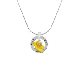 Delight Jewelry Silvertone Yellow Hibiscus Flower - Silvertone Teach Inspire Guide Message Ring Necklace, 18"