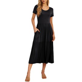 GRECERELLE Women's Summer Casual Short Sleeve Crewneck Tiered Flowy Maxi Long Dress with Pockets, Black, Large