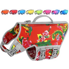 VIVAGLORY Lightweight Dog Life Jacket, Pet Life Preserver Life Vest Skin-Friendly Neoprene for Small Dogs with D-Ring and Quick Release Buckle, Northeast Florals-Red