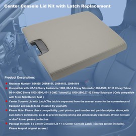 NHILES Center Console Lid Kit with Latch Replacement Compatible with 2007-2013 Chevy Tahoe/Avalanche/ 2008-2014 Silverado/GMC Yukon(XL)/Sierra 1500/2500/3500 Center Console Cover 20864151（Light Gray）