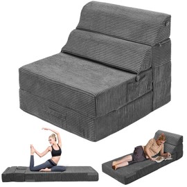 LitaiL Comfy Folding Sofa Bed - Dark Grey Convertible Sleeper Sofa Fold Out Sleeper Chair Couch for Living Room Bedroom Guest, Corduroy Foldable Floor Chair Lounger Mattress with Back Support