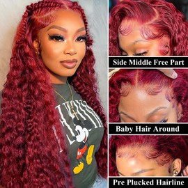 HILYN Burgundy Red Lace Front Wig Curly Glueless Lace Front Wigs for Black Women Synthetic Heat Resistant Fiber Hair Wigs 26 Inch