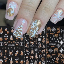 Christmas Nail Stickers Glitter Gold 6PCS 3D Adhesive Decals for Xmas Tree Ball Bow-Tie Elk Winter Art Supplies Decorations for Women