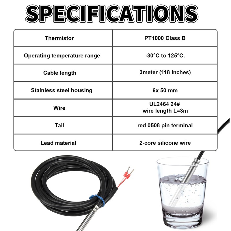 PT1000 Temperature Sensor 3 Metres Waterproof Temperature Sensor with PVC