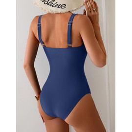 Aidonger - Traje de baño de una pieza para mujer con control de abdomen y malla con cuello en V para adelgazar, Azul oscuro, M