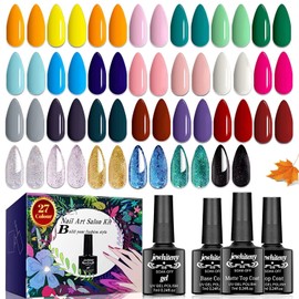JEWHITENY 30PCS Nail Polish Kit 27 Colors Green Blue Pink Orange Gitter Sock Off Gel Polish with Matte& Glossy Top Base Coat for DIY Nail Art Manucure at Home Salon