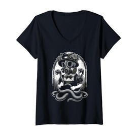Womens Creepy girl with snakes wearing gas mask disturbing vintage V-Neck T-Shirt