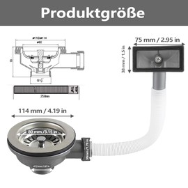 LANZLC Strainer Basket Valve Stainless Steel with Overflow 114 mm, Strainer Basket Kitchen Sink Drain Fitting Sink, Rectangle Interface, Sink Drain Overflow Fitting Sink for Kitchen Sink Strainer