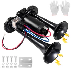 600dB 24V Super Loud Dual Trumpet Electric Train Air Horn Kit with Heavy-Duty Compressor – Waterproof Black Airhorn for Trucks, Motorcycles, SUVs, Pickups, Boats, ATVs & Off-Road Vehicles