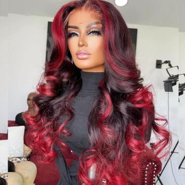 Aorbige Ombre Highlight 99J/ Red Color Transparent Lace Frontal 100% Human Hair Wig Body Wave Style for Black Women Pre Plucked Hairline 180% Density (13x6 Lace Front Wig, 20Inch)