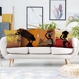 Aoihrraan 18 x 18 Inch Ethnic Cushion Covers Vintage African Women Tribal Totem Square Linen Throw Pillow Cover Boho Farmhouse Decor For Sofa Living Room Bed Outdoor Garden Couch, 46x46cm Set of 4