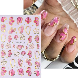 2 Sheets Valentine's Day Nail Stickers for Nail Art - Flower Nail Art Stickers Spring Floral 3D Self Adhesive Nail Decals Pink Cherry Blossom Gold Rim Nail Supplies Stickers for Women Girls