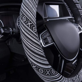 CAR PASS Flax Cloth Pretty Ethnic Style Universal Fit Steering Wheel Cover, Fit 14.5-15 inches for Vehicles,Cars,SUV,Vans (Black and White)