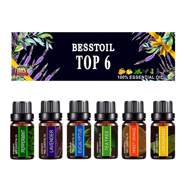 Essential Oils Set of TOP6,Besstoil Therapeutic Grade 100% Pure Aromatherapy Diffuser Oils Gift Set(Lavender, Tea Tree, Eucalyptus, Lemongrass, Peppermint, Sweet Orange),10ml/6 Count
