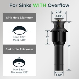 FORIOUS Bathroom Sink Drain with Overflow, Pop Up Drain Assembly with Detachable Basket Stopper, Anti-Explosion and Anti-Clogging Drain Strainer, 304 Stainless Steel, Matte Black