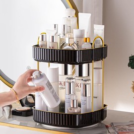 CESTATIVO Organizador de maquillaje giratorio de 360°, organizador de baño giratorio para encimera, organizador de cosméticos de gran capacidad para el cuidado de la piel para cambiador de baño (negro, 2 niveles)