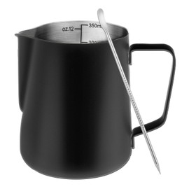 Amrules Milk Frothing Pitcher, 12oz Milk Frother Cup with Clear Scale, 304 Stainless Steel Cappuccino Espresso Machine Accessories for Barista Coffee Bar with Latte Art Pen, Black