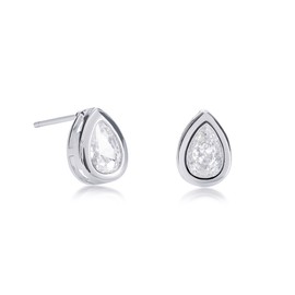Zavana Pear Shaped Silver Stud Earrings for Women and Teen Girls, Dainty Pear Shaped Solitaire Earrings for Women, Simple Bezel-Set Silver Earrings for Women with White Cubic Zirconia Stones