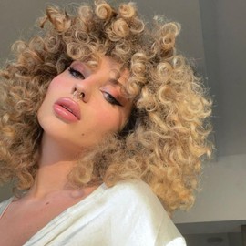 Miyamarch Short Curly Wave Brown Blonde Wigs for Women Fluffy Afro Cosplay Costume Wig with Bangs for Adults Women Soft Breathable Wig Party (27#)