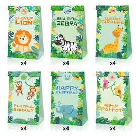 Jungle Safari Party Favor Bags 24 Pack with 36 PCS Stickers, Zoo Animals Theme Happy Birthday Party Bags Candy Goodies Bags Gift Bags for Kids Party Decorations Supplies