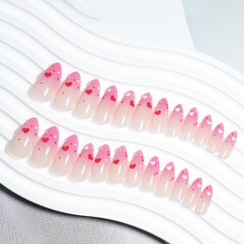 24Pcs Valentines Nails Press on Nails Medium Almond Nails Red White Heart Fake Nails with Glue Pink Glossy Acrylic Nails Supply Valentines Day Heart False Nails for Women DIY Valentine Fake Nails