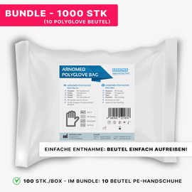 1000 ARNOMED Women's Disposable Polyethylene Gloves (10 Bags of 100 Pieces), Disposable Gloves, Household Gloves for Food, Transparent, Protective Gloves for Hair Dyeing, Diesel Gloves