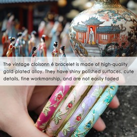 DLYFNVEV Flower Bracelet Gold Plated Bangle Vintage For Women Cloisonne Cuff Floral Chinoiserie Elegant Vibrant Ethnic Colorful Charm Summer Best Friend Mom Sister Jewelry GiftsGreen Blue