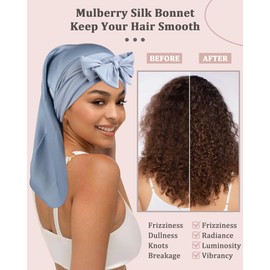 AWAYTR 100% Mulberry Silk Bonnet - Long Hair Cap for Sleeping Tie Band Bonnet for Braids Curly Hair (Haze Blue)