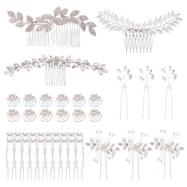 Cinaci 41 Pack Sparkly Silver Rhinestone Leaf Flower Pearl Bridal Hair Side Combs+U-shaped & Twist Hair Pins Clips Barrettes Wedding Headpieces Accessories for Women Girls Brides Bridesmaids