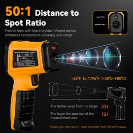 50:1 Infrared Thermometer Gun -58°F to 1796°F, Laser Temp Gun with Thermocouple Probe for Pizza Oven, HVAC, BBQ, High Temp Gun with Humidity Sensor, Accurate for Home and Industrial Use
