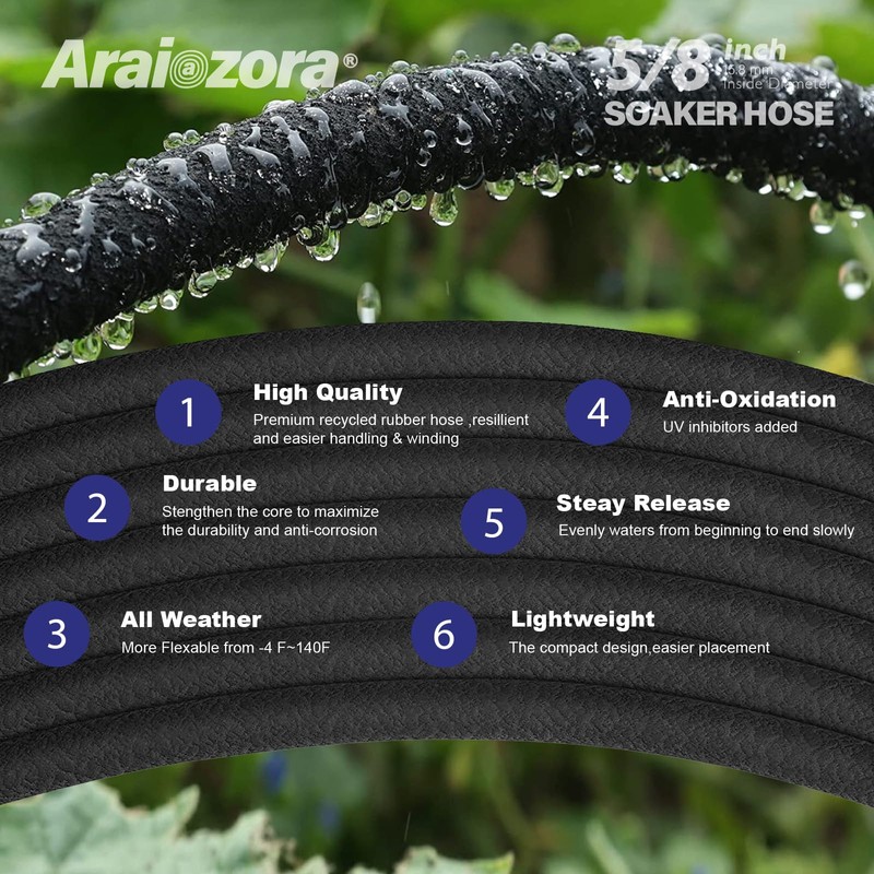 Araiozora Soaker Hose 100FT, 5/8“ Heavy Duty Ruber Round Soaker