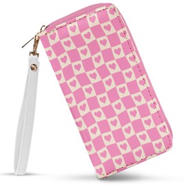 Womens Wallet, Credit Card Holder Wallets for Women Wristlet RFID Blocking, Ladies Purse with Zip Around Phone Holder, Travel Large Capacity Women's Clutch Hand Strap Pink Print Plaids Fashion