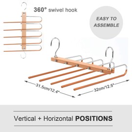 Trouser Hangers Space Saving, 5 in 1 Collapsible Trouser Hanger, Foldable Wood & Stainless Steel Hanger for Clothes Slack Scarf Jeans Storage