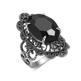 Aprilery Black Onyx Rings, Vintage Silver Statement Ring Marcasite Fashion Cocktail Ring Jewelry for Women Crystal Onyx Stone Rings (Vintage Floral, 10)