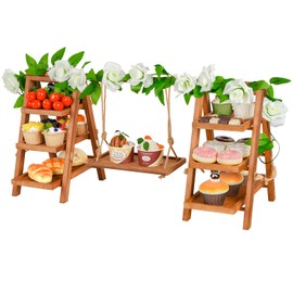 Whiidoom Cupcake Stand, 3 Tier Wood Cupcake Display Stand with Swing, Dessert Table Display Set with Serving Tray for Dessert Display for Party, Wedding, Farmhouse Decor (Brown+Flower)