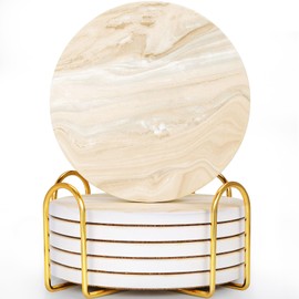GOH DODD Coasters for Drinks Set of 6, Absorbent Marble Style Ceramic Coaster Set Cup Coasters Tabletop Protection Home Decor with Metal Holder for Coffee Table, Beige, Round, 4 Inches