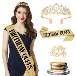 Decoraciones de cumpleaños para mujeres/niñas, incluyendo faja Queen y corona, decoración de tartas, velas. Faja de cumpleaños y tiara para mujer, decoración de fiesta dorada