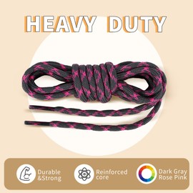 Stepace Round Boot Laces (2 Pairs) 4.5 mm Heavy Duty Thick Replacement Shoelaces for Work,Walking,Hiking,Hunting Laces Dark Gray Rose Pink-120