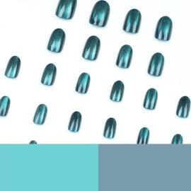 Cat Eye False Nails - Glitter Blue Press On Nails - 24Pcs Almond Fake Nails - French Style Stick on Full Cover Acrylic Almond False Nail Tips for Women Girls Nail Art