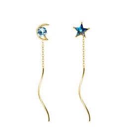 SLUYNZ 925 Sterling Silver Blue Crystal Star Moon Dangle Earrings Chain for Women Star Dangling Earrings Threader Tassel (B-Gold Plated)
