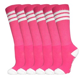 3 Pairs of juDanzy Knee High Boys or Girls Stripe Tube Socks for Soccer, Basketball, Uniform and Everyday Wear, Hot Pink With White Stripes (3 Pairs), 4-6 Years