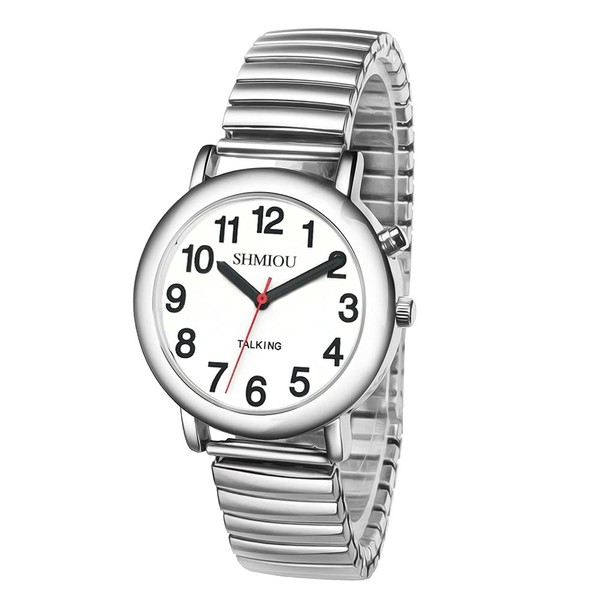 SHMIOU English Talking Watch Unisex for The Blind Visually Impaired Elderly Man Woman Men Ladies Expansion Band Quartz with Alarm, White Dial, Silver Frame